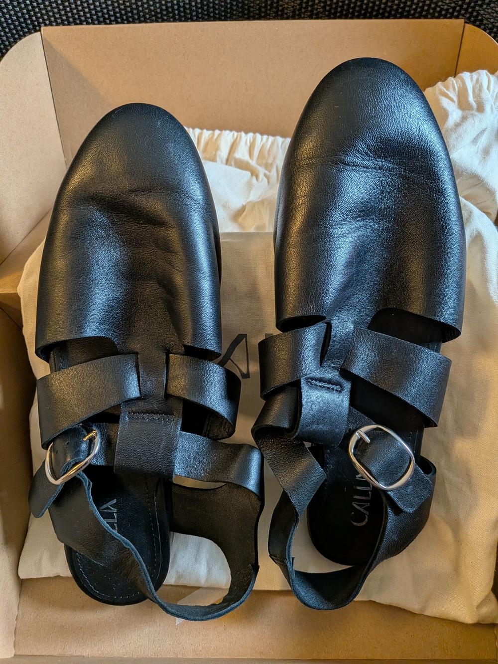 Calla Minnie Black Leather Women's Strappy Slingback Flats Size EU 38